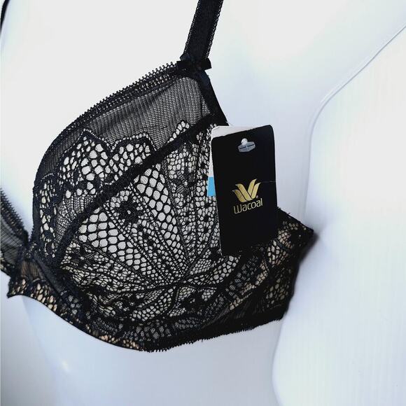 WACOAL Take The Plunge Crochet Lace Bra 851273 Black 34C Underwire Mesh Soft Cup - Picture 5 of 13